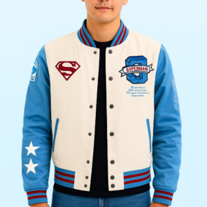 DC Comics Superman Varsity Jacket Classic White and Blue Letterman Style